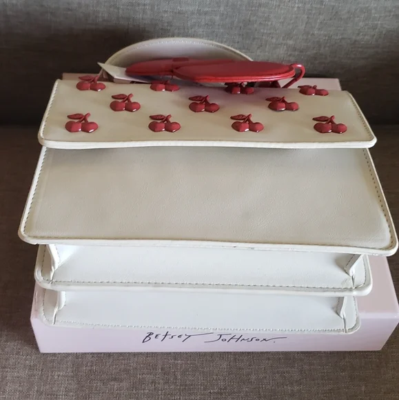 Betsey Johnson White Satchel with Red Heart Accents & Crossbody Strap - Picture 14 of 14